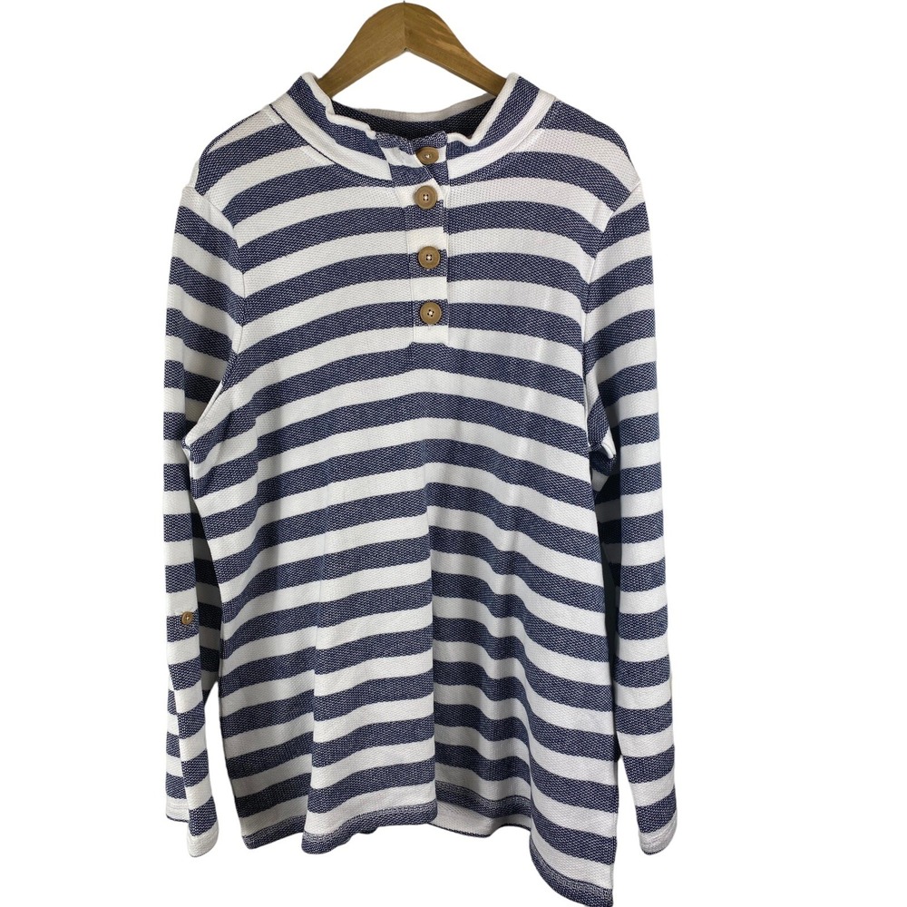 Denim & Co Active Womens 1X Blue White Striped Sweatshirt Pullover QVC NWOT